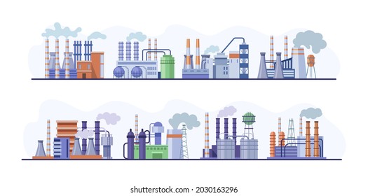 Industrial complex factory buildings set. Chemical, gas engineering manufacturing plants, thermal nuclear power plants. Danger ecology pollution emission with smoke from pipes flat vector