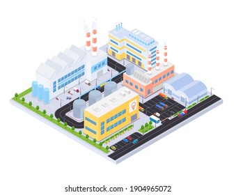 Industrial complex - modern vector colorful isometric illustration. Images of buildings, factories and plants, pipes, parking lots, road with vehicles. City architecture, infrastructure concept