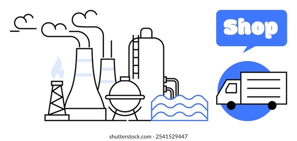 Industrial complex with smokestacks and refinery equipment. Delivery truck within a speech bubble labeled shop. Ideal for commerce, industry, transport, manufacturing, logistics. Clean lines