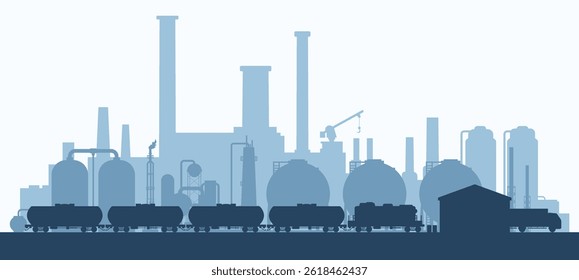 Complexo Industrial com Carros Tanque e Silhuetas de Máquinas