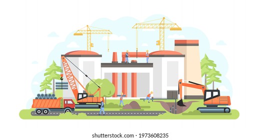 Industrial complex under construction - flat design style illustration. Urban landscape with factory, plant. Images of special vehicles, crane, excavator, truck. City infrastructure, industry concept