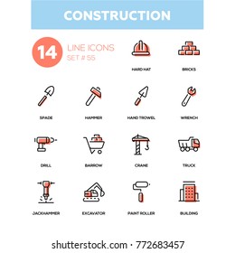 Industrial concept, construction - line design icons set. Hard hat, bricks, spade, hammer, hand trowel, wrench, drill, barrow, crane, jackhammer, truck, excavator, paint roller, building