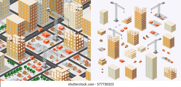 Industrial concept isometrics in the big city skyscrapers under construction, houses and buildings