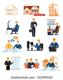 Industrial concept set of development new product and production process, stages of engineering and building houses flat design