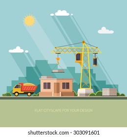 Industrial concept site, building a house. construction store. Flat style vector illustration.