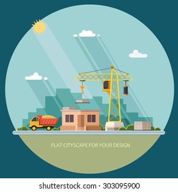 Industrial concept site, building a house. construction store. Flat style vector illustration.