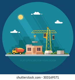 Industrial concept site, building a house. construction store. Flat style vector illustration.