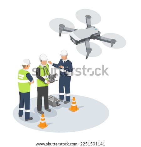 Industrial Construction Aerial Drone services Maintenance and Inspection Inspector Engineer and Technician working Factory isometric isolated illustration vector