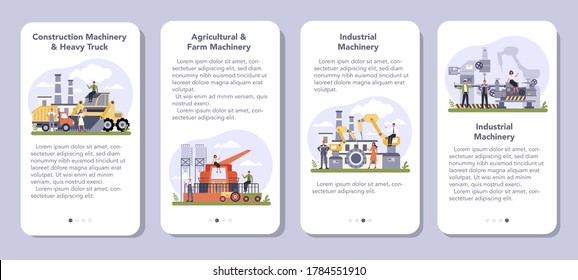 Industrial, construction and agriculture machinery mobile application banner set. Heavy equipment for building, production and farming. Automatic machine. Isolated flat vector illustration