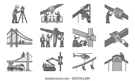 Industrial construction and bridge maintenance icon set.