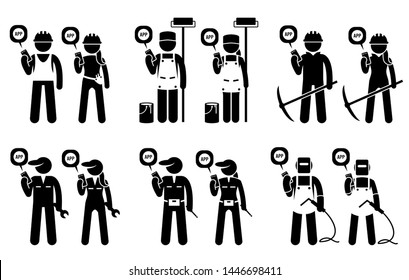 Industrial, construction, builders, and mining workers using mobile app for their jobs. Vector artwork depicts construction worker, painter, miner, technician, mechanic, and welder use smartphone app.