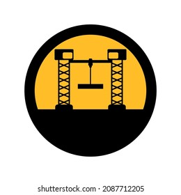 Industrial construction crane, black and yellow colors, round sign for design on a white background, vector illustration