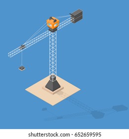 Industrial construction crane. Isometric crane with bricks, shadow, standing on sand. Vector