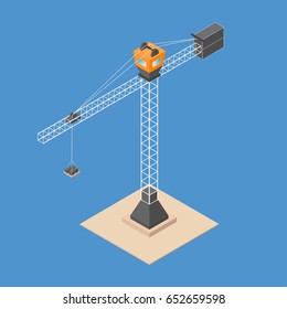 Industrial construction crane. Isometric crane with bricks, standing on sand. Vector