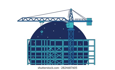Industrial construction crane standing over the metal framework of a building under a dark blue starry circle.