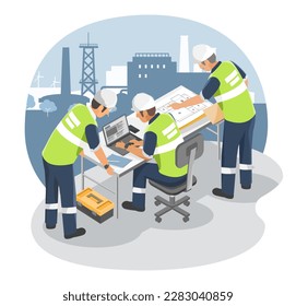 Industrial Construction Engineer worker meeting with laptop and blueprint inside factory and industrial plant background symbol designed concept isolated isometric