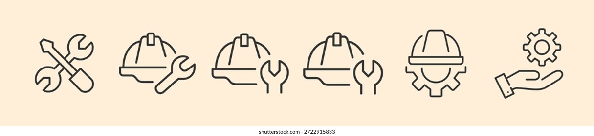 Industrial Construction Gear and Technical Maintenance Icon Set, Minimalist Line Art Vector for Certified Engineering Tools, Professional Safety Helmet Repair, Verified Worksite Equipment.