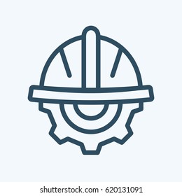 Industrial construction helmet or hat with gear linear icon. Logo for international labor day on 1st may