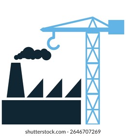 Vetor de ícone de construção industrial, representando instalações de grande escala e indústria pesada. Ideal para fábricas, armazéns, usinas de energia e projetos de infraestrutura.