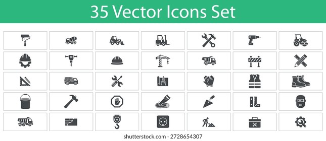 Icons für die industrielle Konstruktion. Einschließlich Industrie, Werkzeuge, Sicherheit, Ausrüstung, Gabelstapler, Bauplan, 
LKW und mehr. Satz fester Vektorsymbole