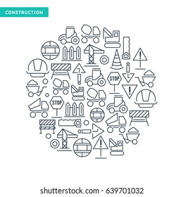 Industrial construction lined icons collection with building tools and vehicles in round shape isolated vector illustration