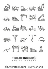 Industrial construction machinery and tools line icon collection