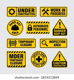Industrial construction safety and warning signage collection with construction, industrial