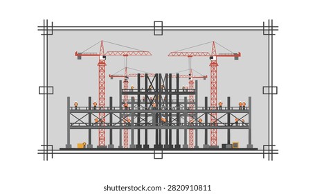 Industrial construction site featuring red tower cranes and steel framework structures displayed in a professional blueprint design style.