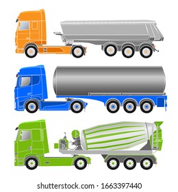 Industrial and construction transport set isolated on white background. Flat image design. Vector illustration in cartoon style. For building and logistics companies, web page design, children`s book.