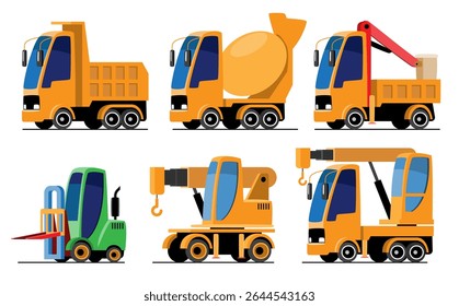 Industrial or Construction Vehicles set cartoon illustration included Dump, Cement Mixer, Forklift and Crane truck . Flat design . Isolate on white background . Vector .