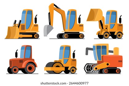 Industrial or Construction Vehicles set cartoon illustration included Wheel Loader, Excavator, Backhoe, Bulldozer, Road Roller, Skid Steer Loader . Flat design . Isolate on white background . Vector .