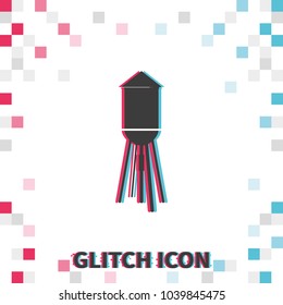 Industrial construction with water tank  glitch effect vector icon.