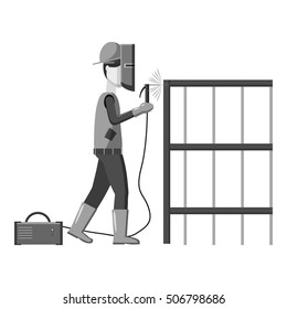 Industrial construction welder worker icon. Gray monochrome illustration of industrial construction welder worker vector icon for web