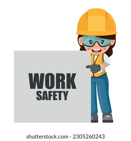 Trabajadora de la construcción industrial con su equipo de protección personal y afiche de seguridad laboral. Ingeniero con casco de seguridad. Seguridad industrial y salud ocupacional en el trabajo