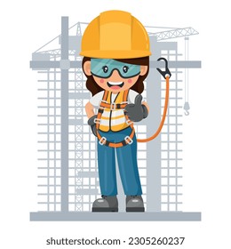 Industrial construction woman worker with personal protective equipment, safety harness and lifeline on a scaffold. Industrial safety and occupational health at work