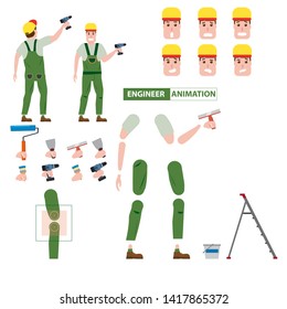 Industrial construction worker, assembly worker, installer profession worker character for animation. Front and back view. Collection of male cartoon character body parts, facial expressions, gestures