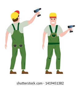 Industrial construction worker character with with a screwdriver tool, installer, front and back view. Vector, isolated, cartoon flat style