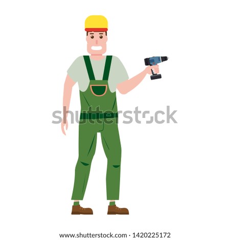 Industrial construction worker character with with a screwdriver tool, installer. Vector, isolated, cartoon flat style