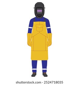 Industrial and construction worker with complete welding work personal protective equipment for safety. Mask, gloves, apron for body wear.