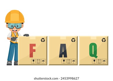 Industrial construction worker with giant FAQ letter boxes, Frequently asked questions concept. Industrial safety and occupational health at work