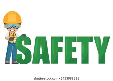 Industrial construction worker with giant safety letters, Concept of industrial safety at work. Industrial safety and occupational health at work