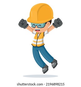 Industrial construction worker jumping happily in his personal protective equipment. Industrial safety and occupational health at work