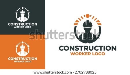 Industrial construction worker logo with excavator bucket line art.