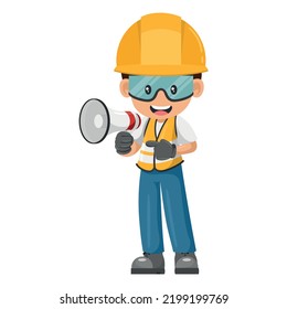 Industrial construction worker making an announcement with a megaphone. Site supervisor engineer with personal protective equipment. Industrial safety and occupational health at work