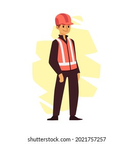 Industrial or construction worker man in uniform vest and helmet, flat vector illustration isolated on white background. Male character of worker in safety waistcoat.