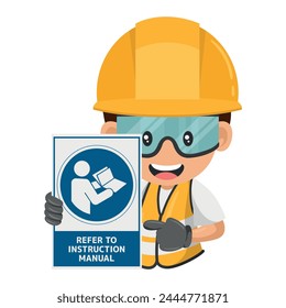 Industrial construction worker with mandatory Refer to instruction manual booklet sign. Reading the instruction manual before starting work. Industrial safety and occupational health at work