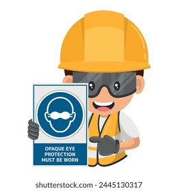 Industrial construction worker with mandatory sign Opaque eye protection must be worn. Safety first. Industrial safety and occupational health at work