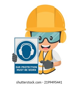 Industrial construction worker with mandatory use of earmuffs warning sign. Ear protection must be worn. Industrial safety and occupational health at work