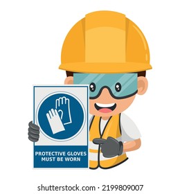 Industrial construction worker with mandatory use of gloves warning sign. Protective gloves must be worn. Industrial safety and occupational health at work