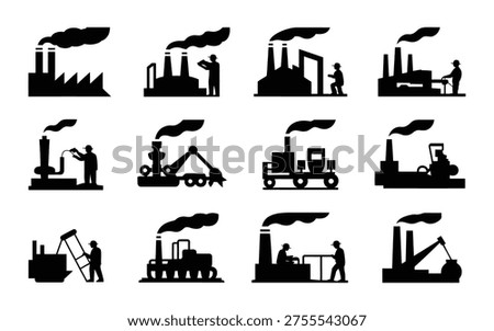 Industrial construction worker silhouettes factory and heavy machinery icons industrial background